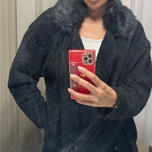 Women's Express Black Teddy Jacket with Faux Fur Collar